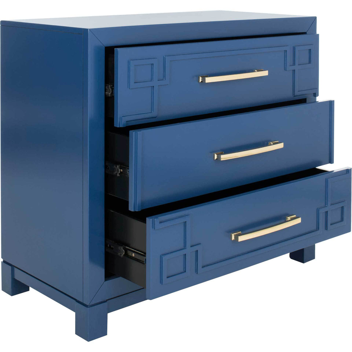 Three blue drawers pull open beneath sleek gold handles and graphic corner trim