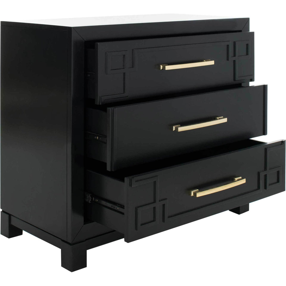 Three open drawers offer storage in a black chest with gold pulls and geometric trim