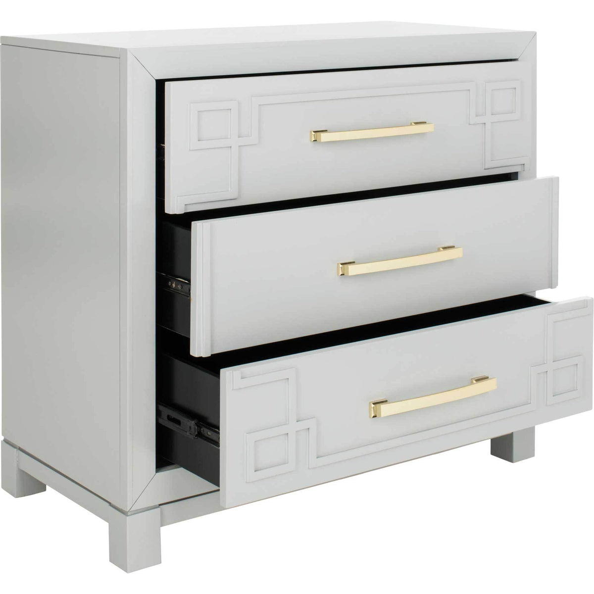 Three gray drawers extend from a light gray chest finished with gold bar pulls