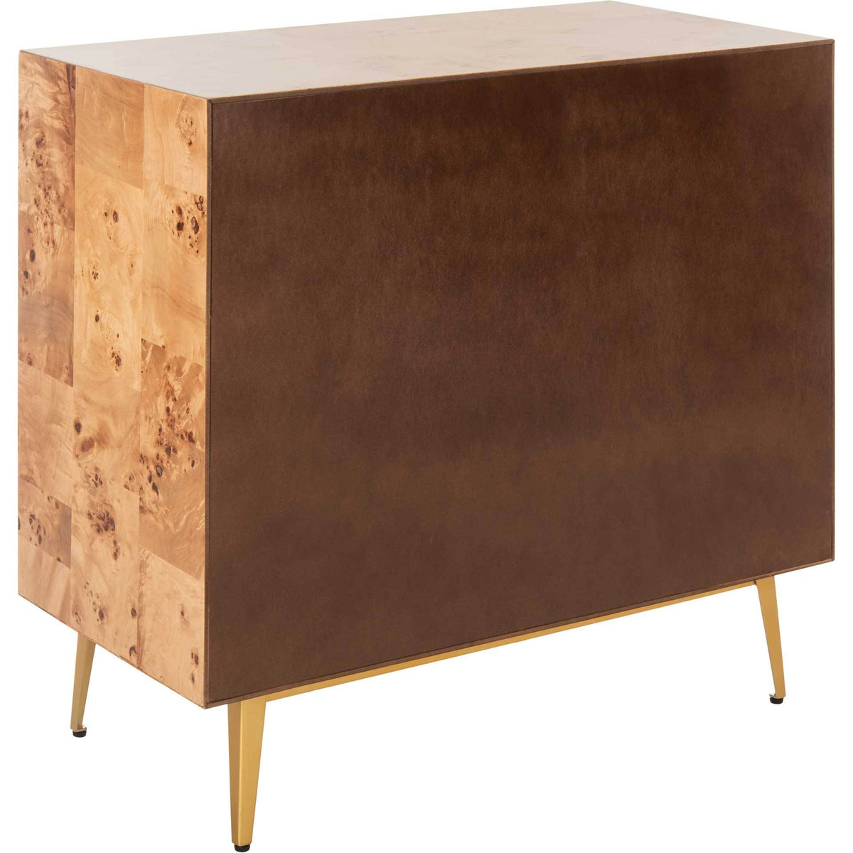 Knotty natural wood sides contrast with a smooth brown backing and tapered gold legs.