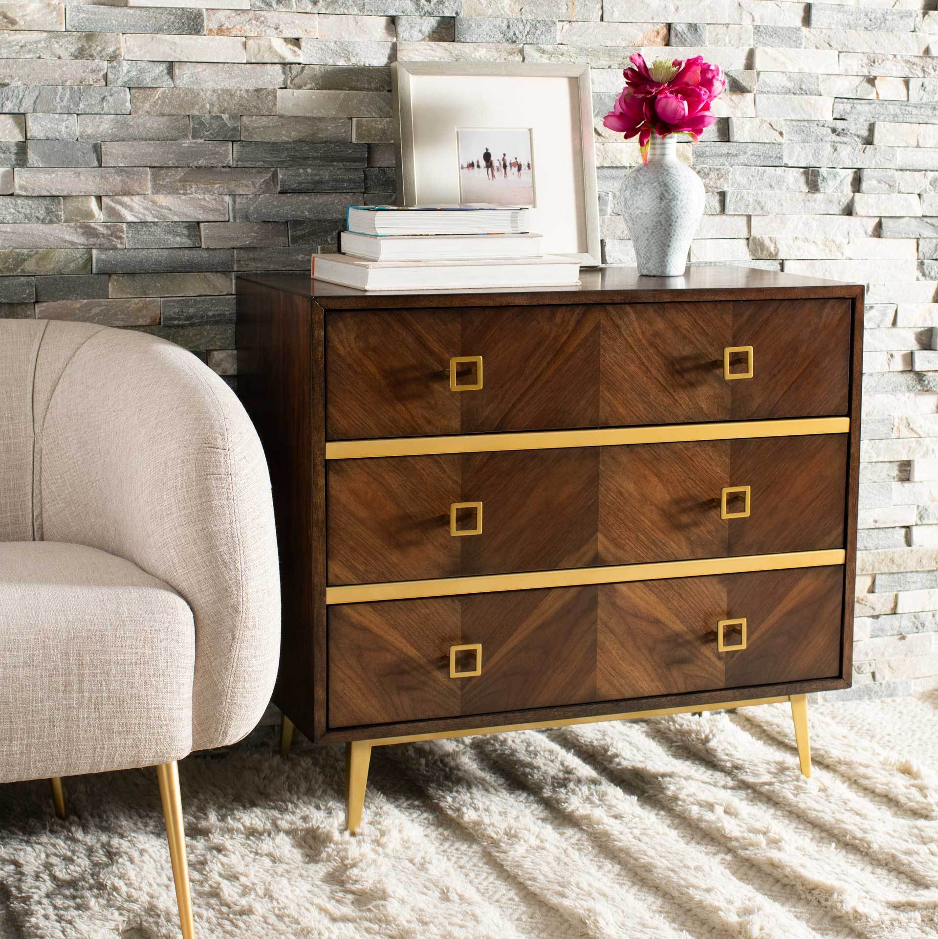 Kaiya 3 Drawer Chest Walnut/Gold