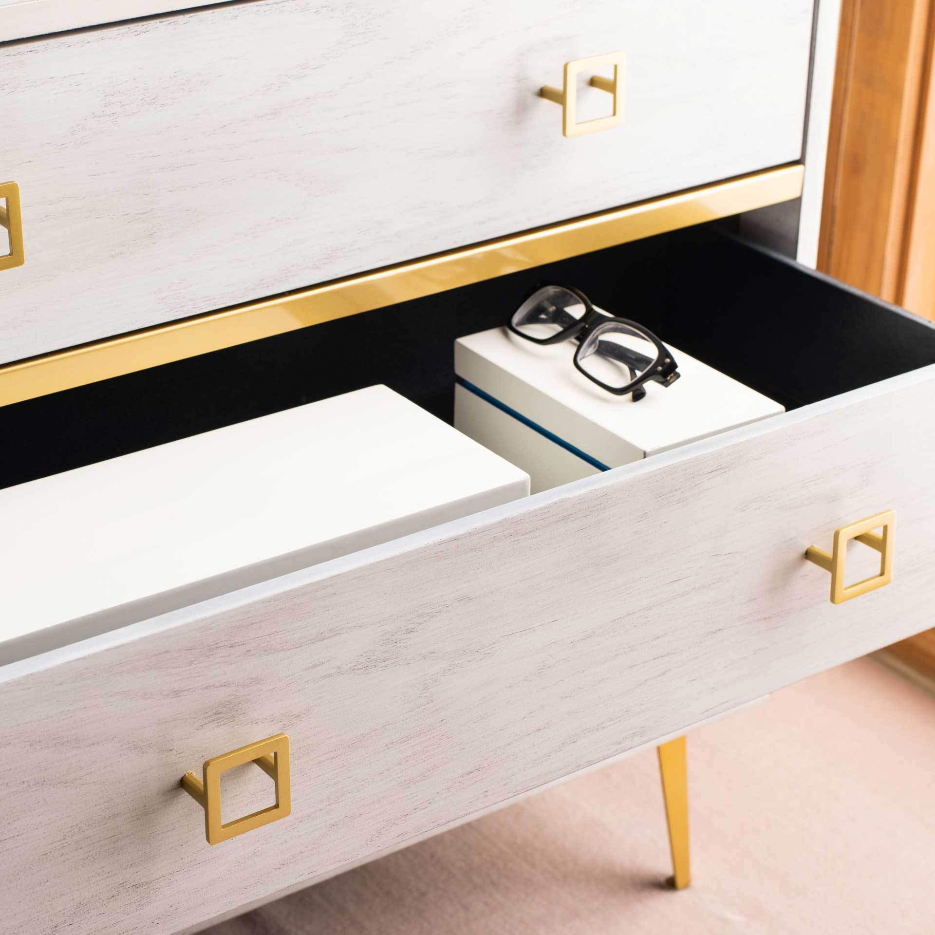 white dresser gold Katia 3 Drawer Chest White Wash/Gold