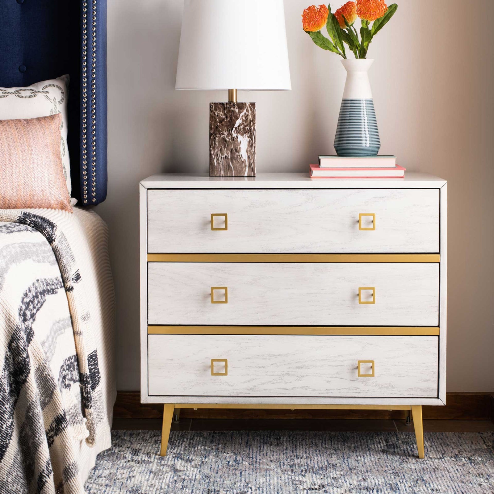 Kaiya 3 Drawer Chest White Wash/Gold