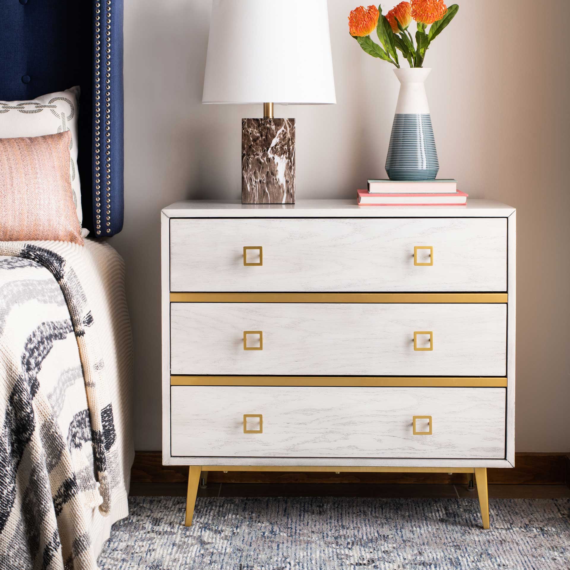 3 drawer white dresser Katia 3 Drawer Chest White Wash/Gold