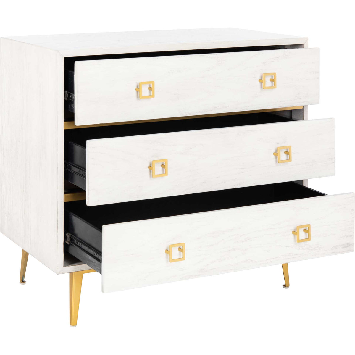 Three open whitewashed drawers offer easy storage, finished with geometric gold pulls.