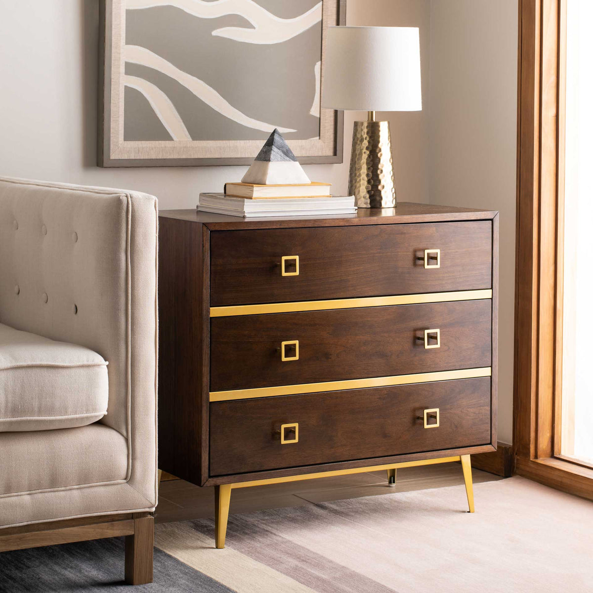 Kaiya 3 Drawer Chest Natural Walnut/Gold