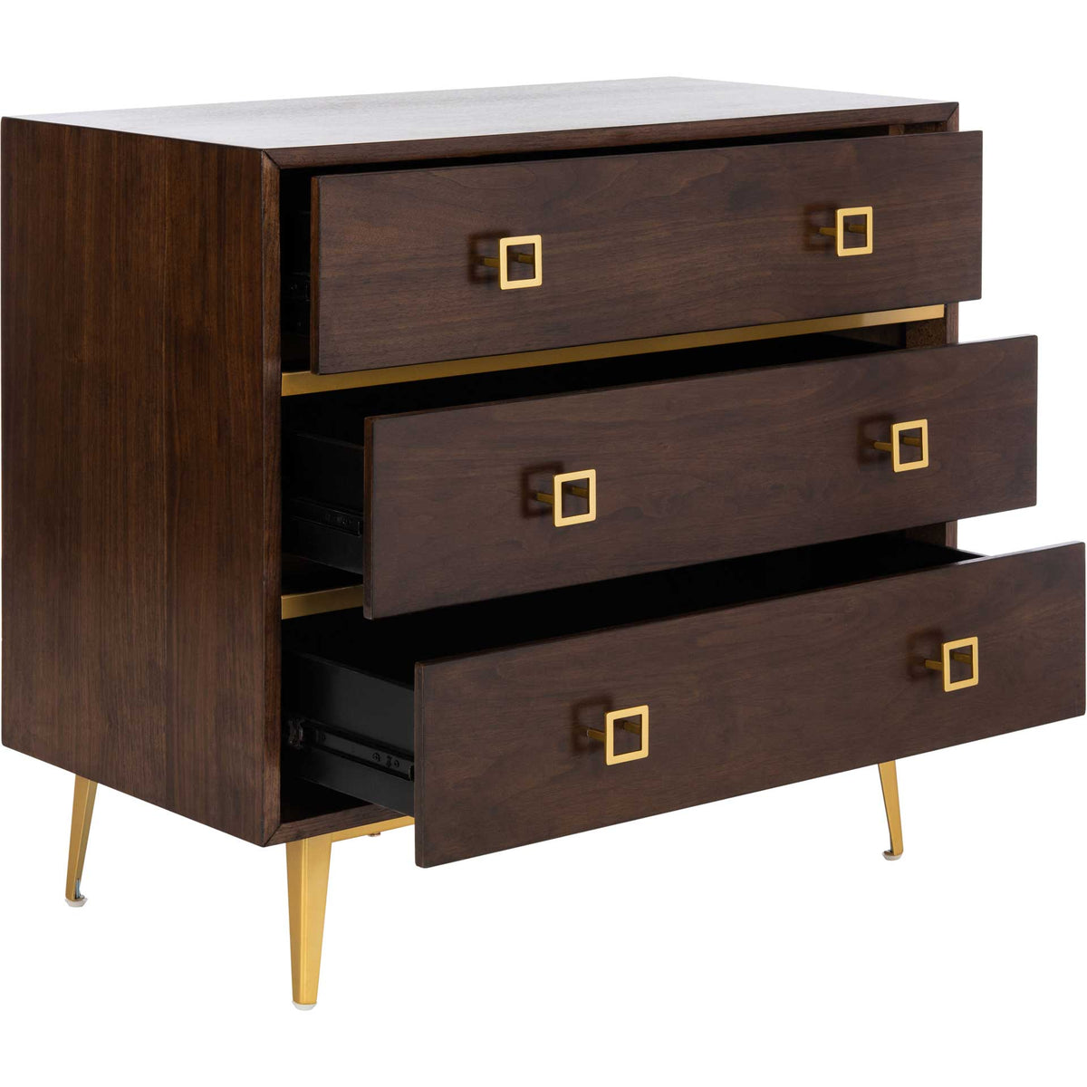 Three roomy walnut drawers open beneath a wood-grain top, accented with gold square pulls.