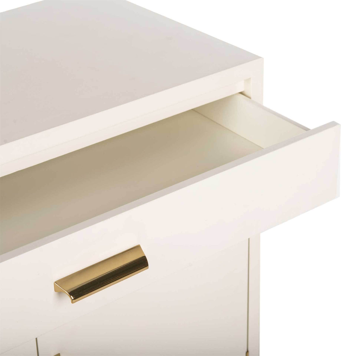 The open upper drawer reveals roomy storage and a smooth interior, with a brass-tone pull