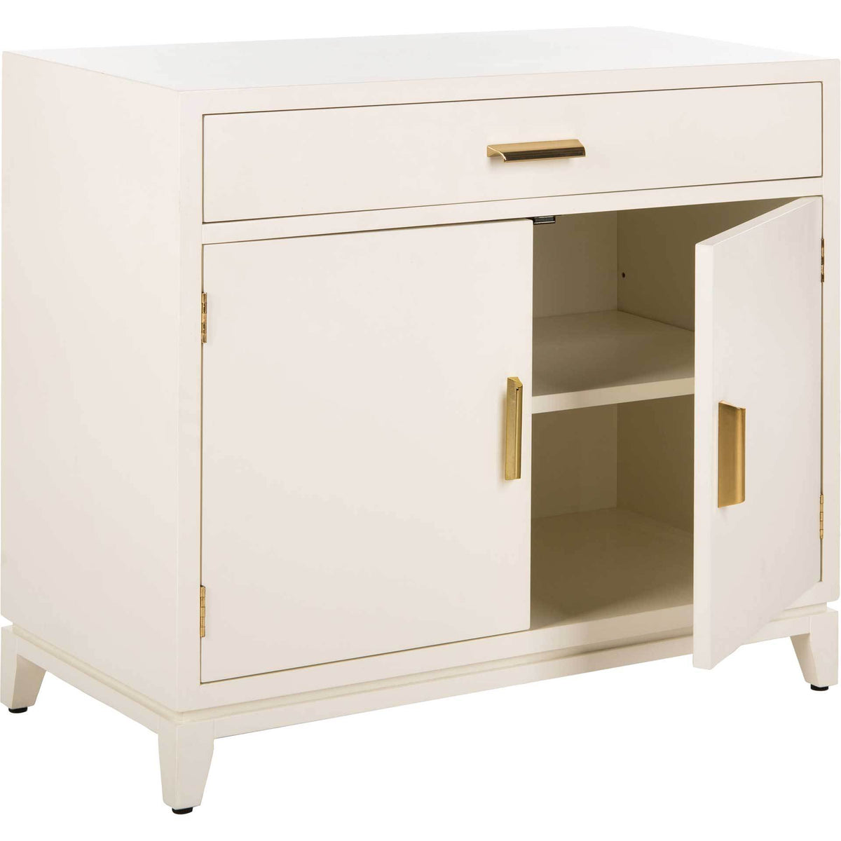 An open cabinet door reveals an interior shelf beneath the chest's wide upper drawer