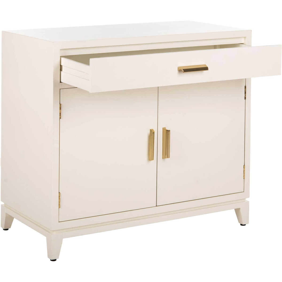 A wide upper drawer slides out above double cabinet doors with sleek brass-tone handles