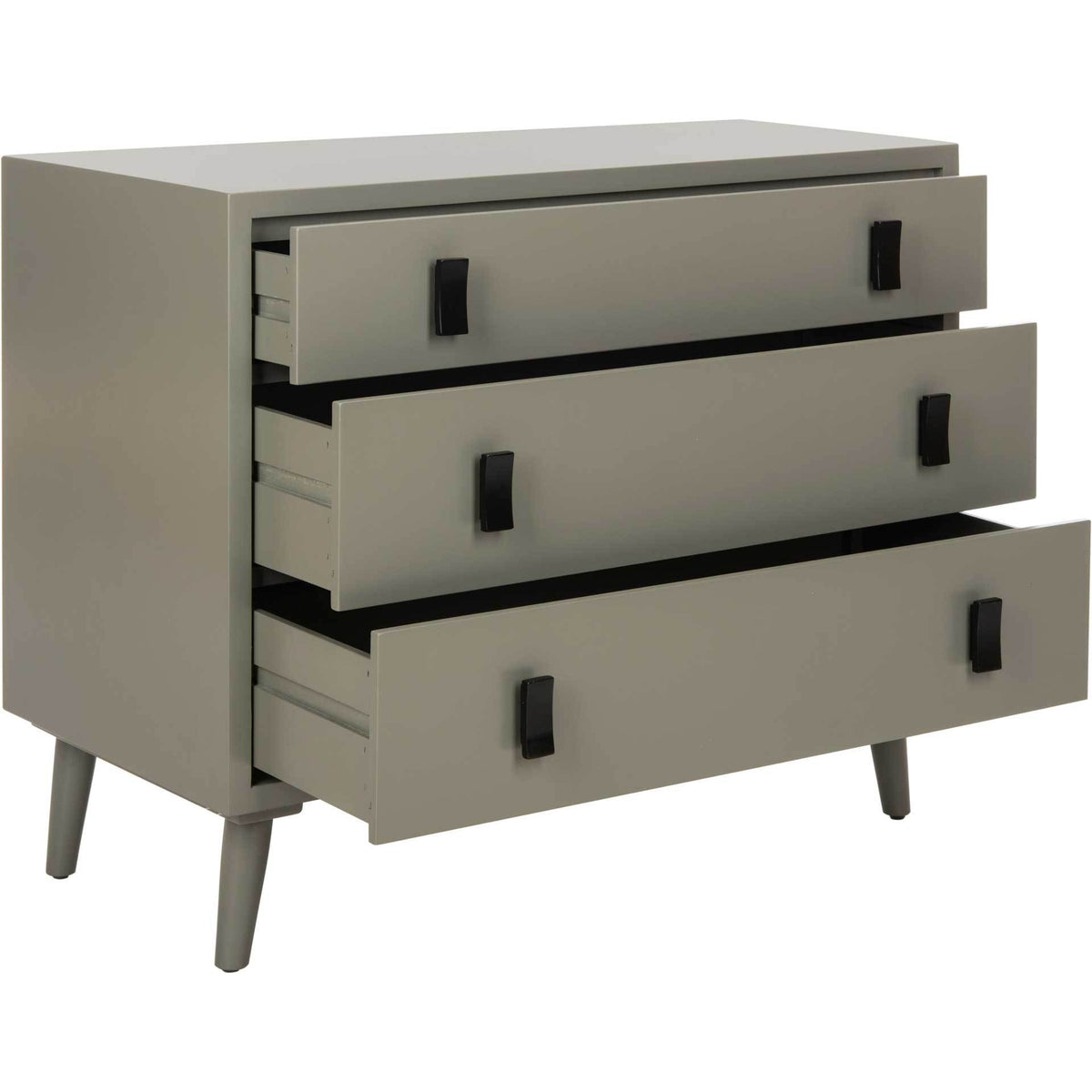 Three open drawers offer handy storage behind gray fronts with contrasting black pulls