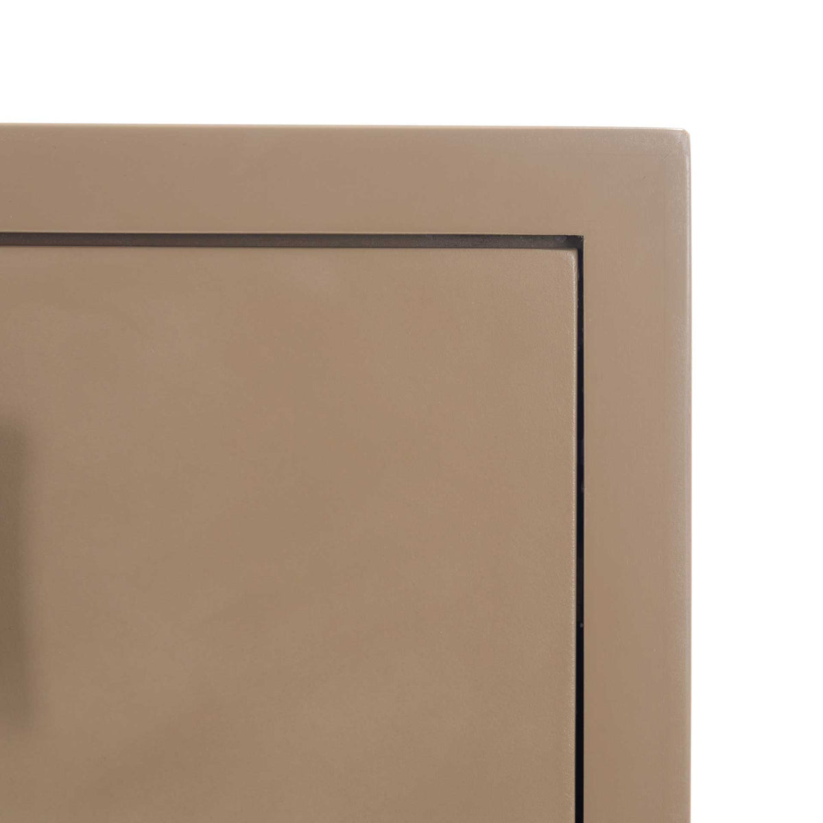 Crisp drawer edges and a slim dark reveal define the chest's smooth taupe finish