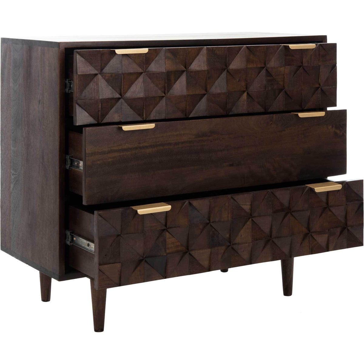 Three open drawers combine ample storage with sculpted walnut fronts and brass pulls.