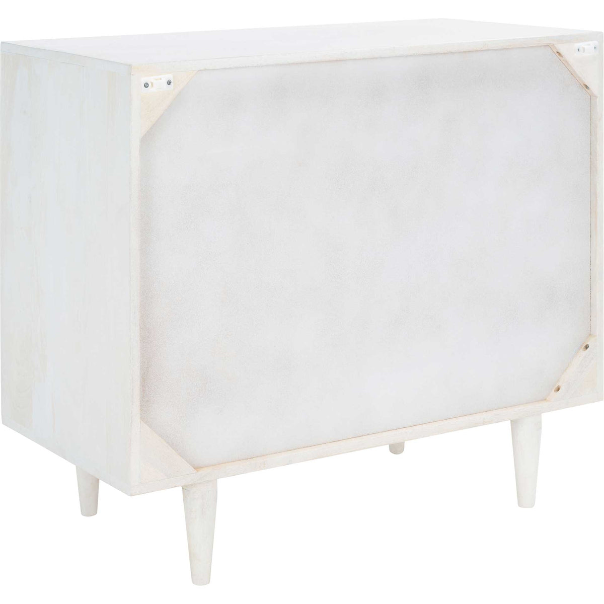 The pale wood frame and tapered legs complement the chest's simple back panel.