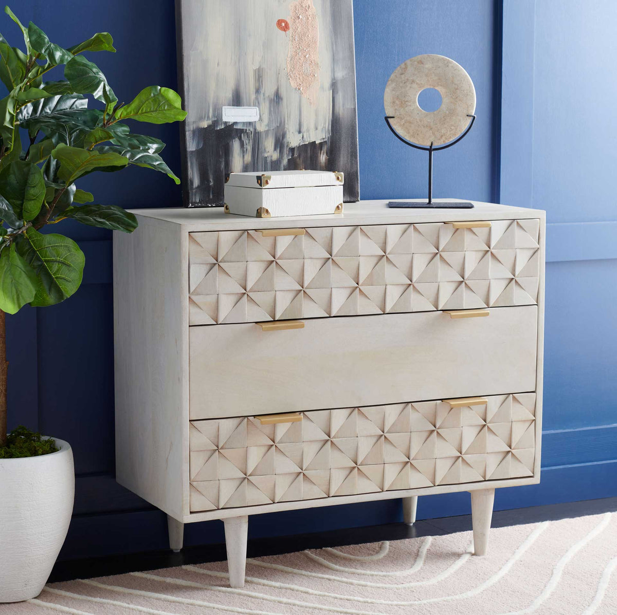 Zion 3 Drawer Chest White Wash/Brass