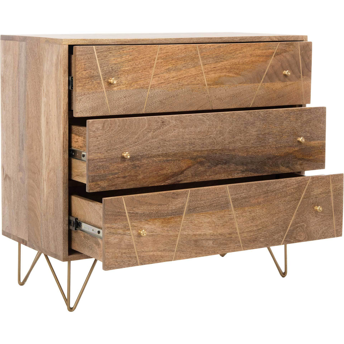 Three open drawers reveal storage, warm wood grain, and brass pulls.