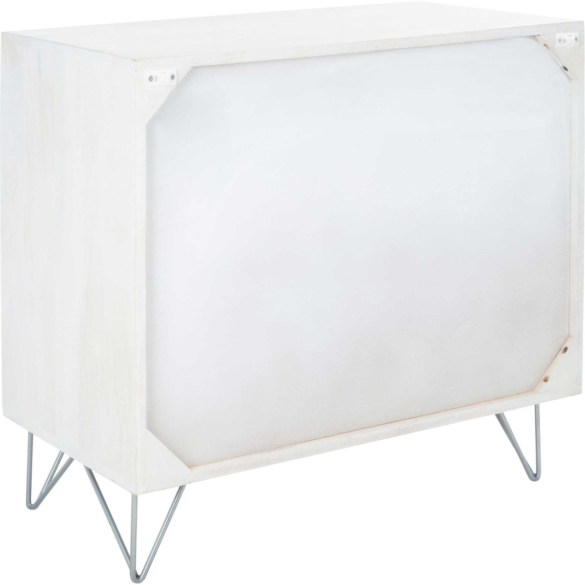 Whitewashed sides frame a broad back panel above geometric silver-finished metal legs.