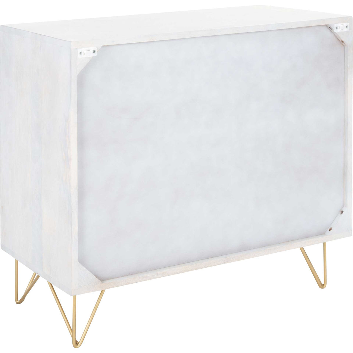 Whitewashed sides wrap a broad back panel above geometric brass hairpin supports.