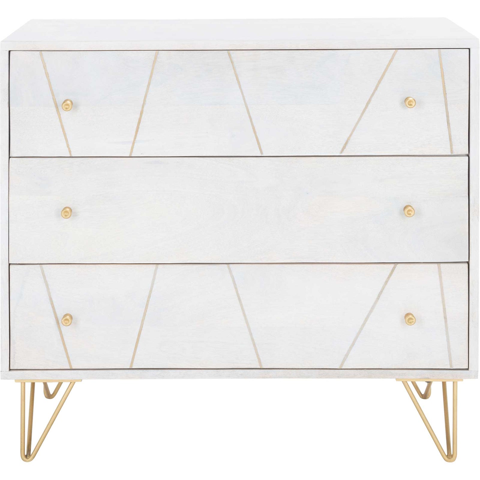 Macey 3 Drawer Chest White Wash/Brass