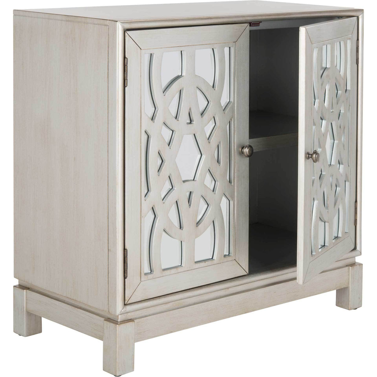 An open lattice door reveals interior shelving for organizing essentials in this silver wood chest.