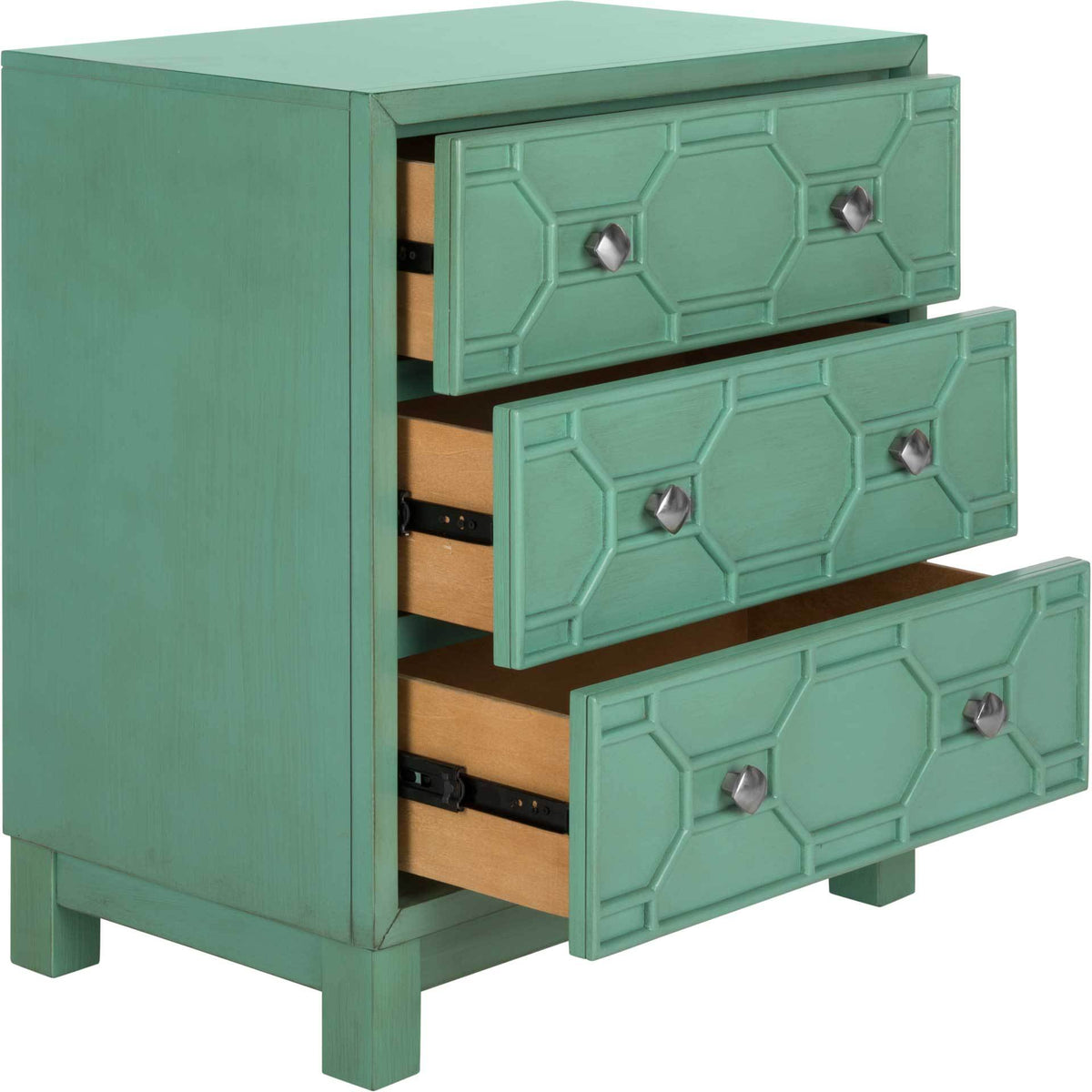 Three open drawers reveal natural wood interiors behind turquoise geometric fronts.