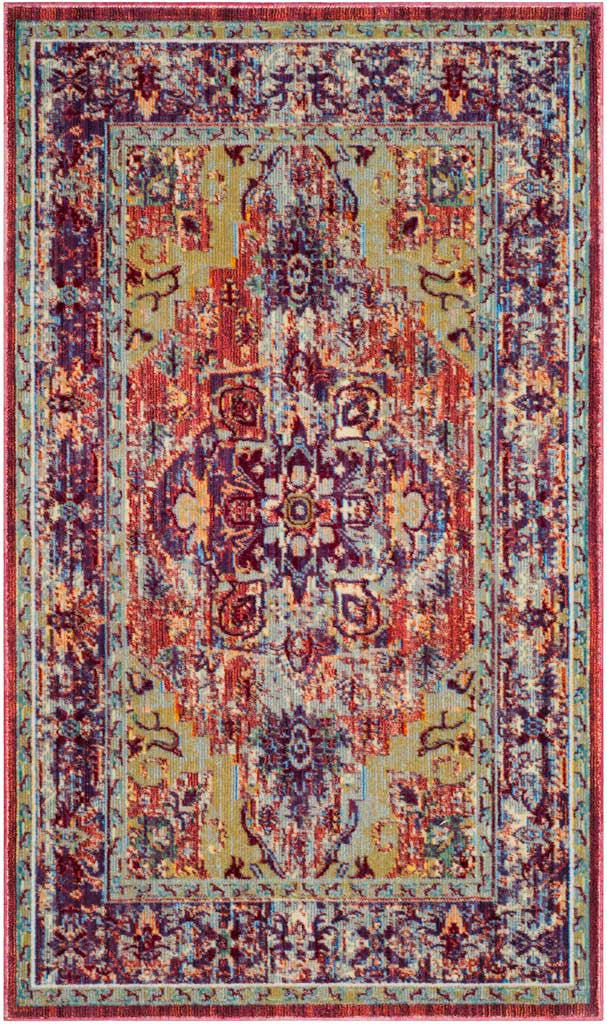 Compact purple and coral rug features a central medallion framed by a colorful floral border