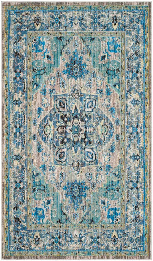 Compact blue and light gray rug with a central medallion framed by an intricate floral border