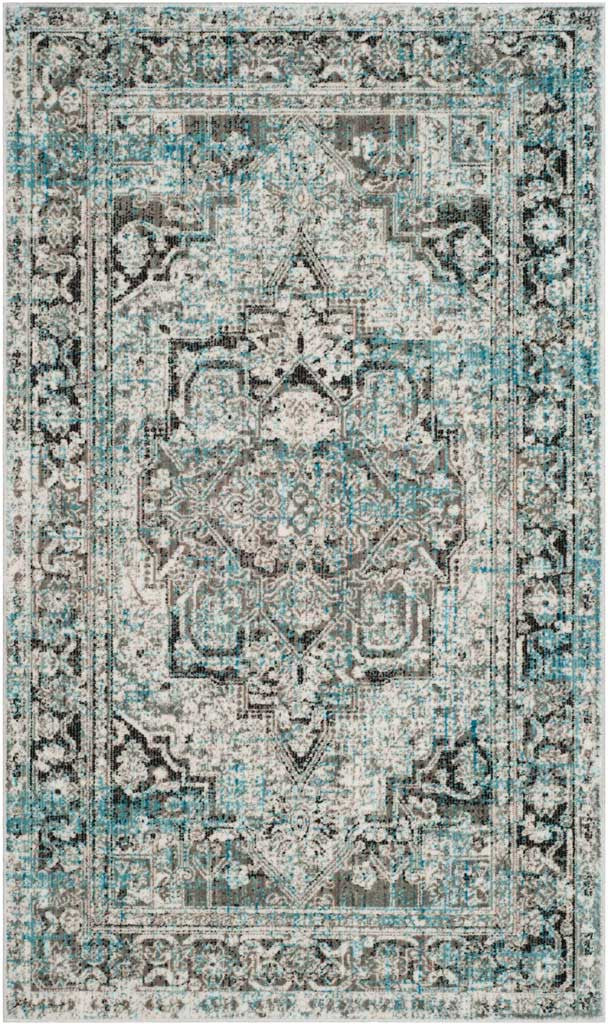 An ornate medallion and layered floral border bring vintage charm to this ivory, gray, and blue rug.
