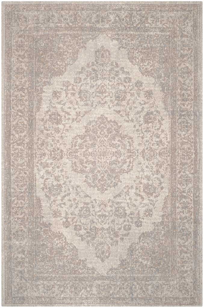 A muted floral medallion adds vintage elegance to a neutral beige rectangular rug.