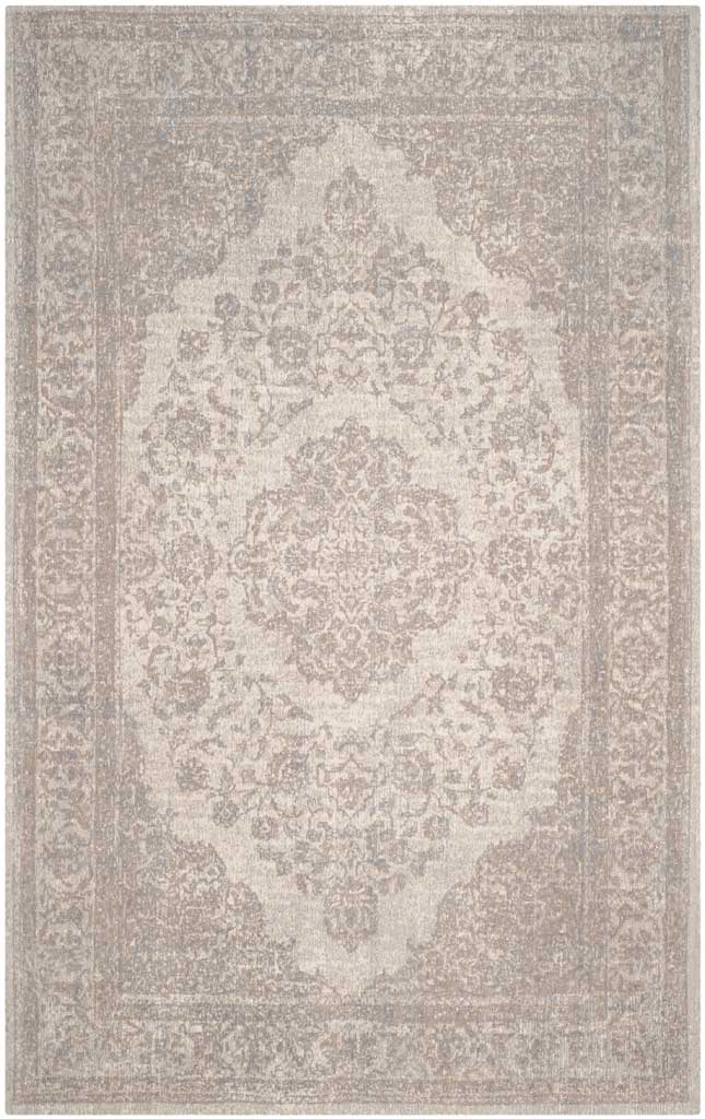 Delicate taupe florals surround a pale beige medallion on this understated cotton rug.