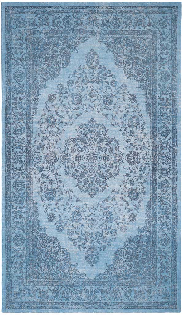 Soft blue tones and decorative scrollwork surround a richly detailed central medallion.