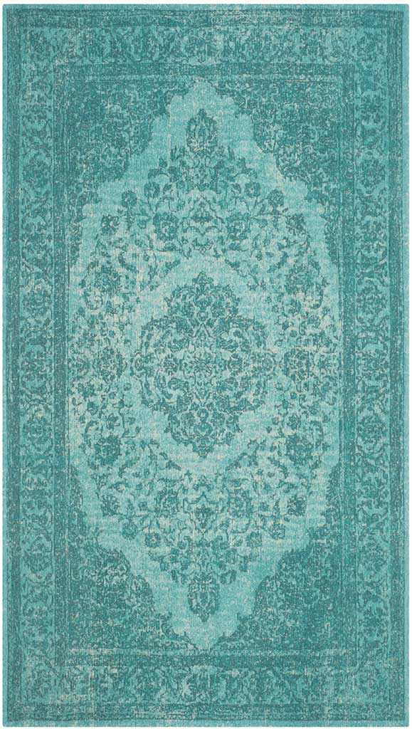 Layered aqua tones and delicate floral flourishes bring heirloom character to this area rug.