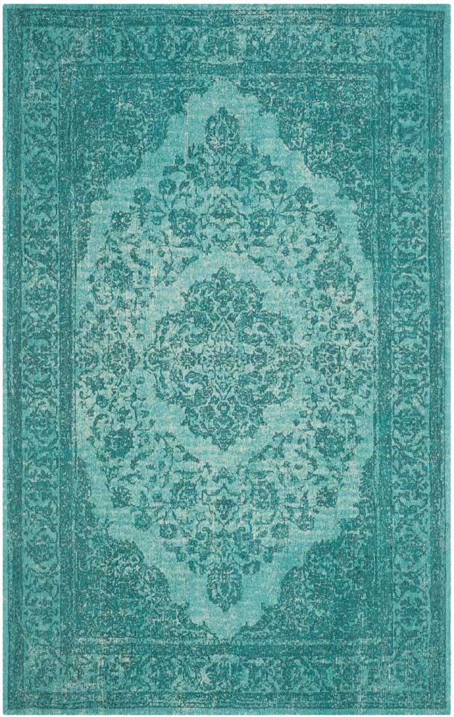 A turquoise center medallion blooms with floral detail inside a richly patterned border.