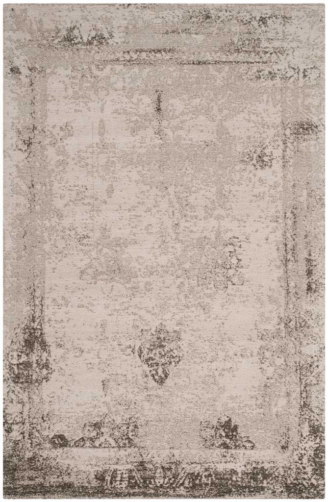 A faded charcoal border and scattered motifs give this pale neutral rug antique character.