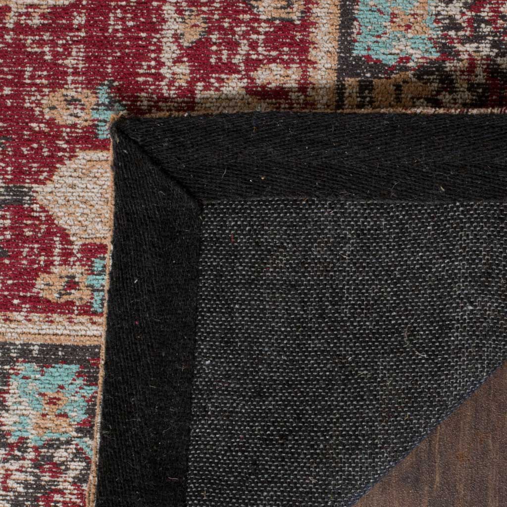 A dark woven backing and reinforced corner finish this richly colored floral rug.