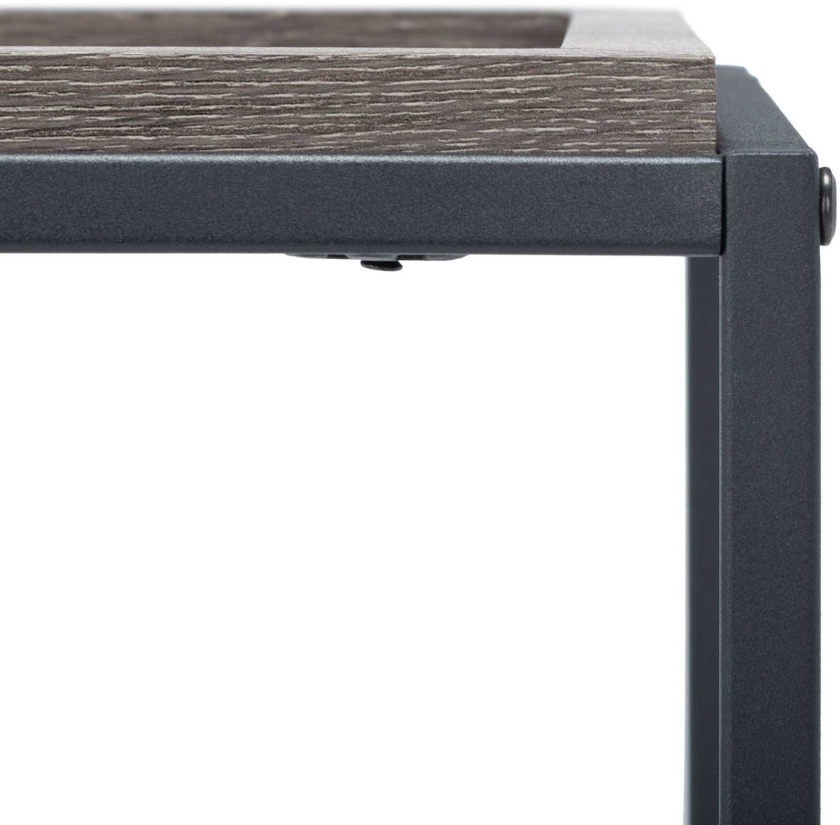 A textured wood-grain rim meets the black metal frame at a neatly finished corner