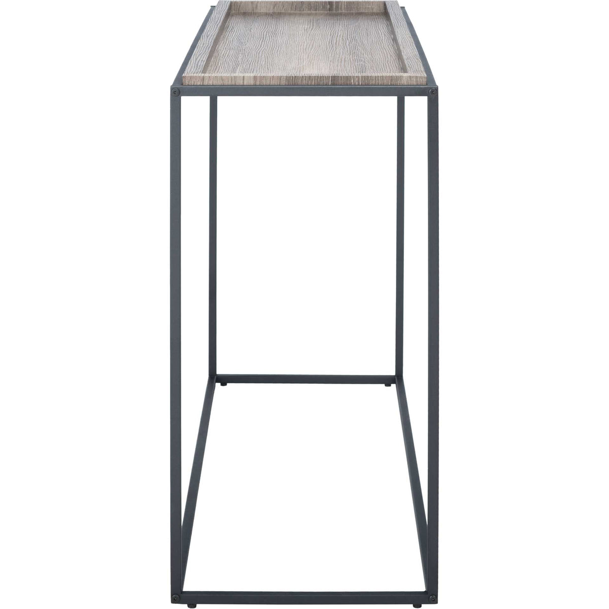 Slim black metal supports and a raised wood-grain tray top create an airy industrial look