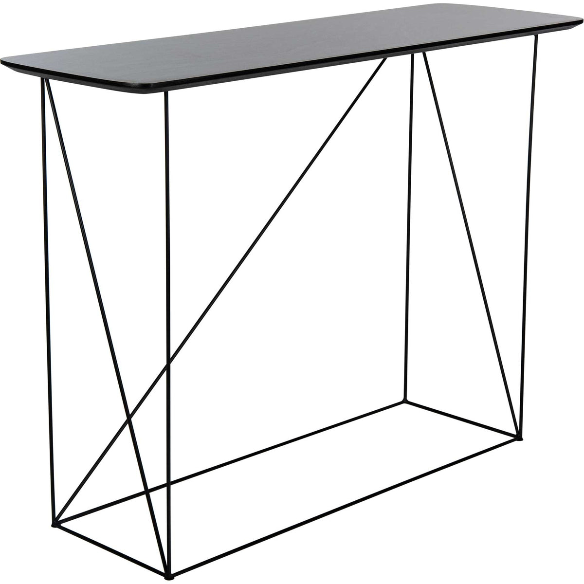 Rounded tabletop corners soften the crisp lines of this streamlined gray console table