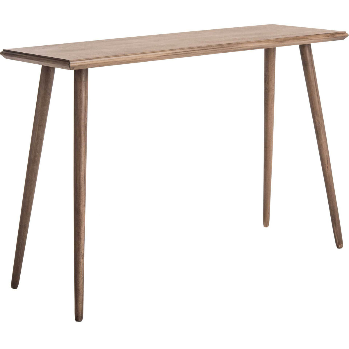 Warm light brown wood grain accents the narrow top and four tapered, splayed legs || CNS5700B || front_angle_studio