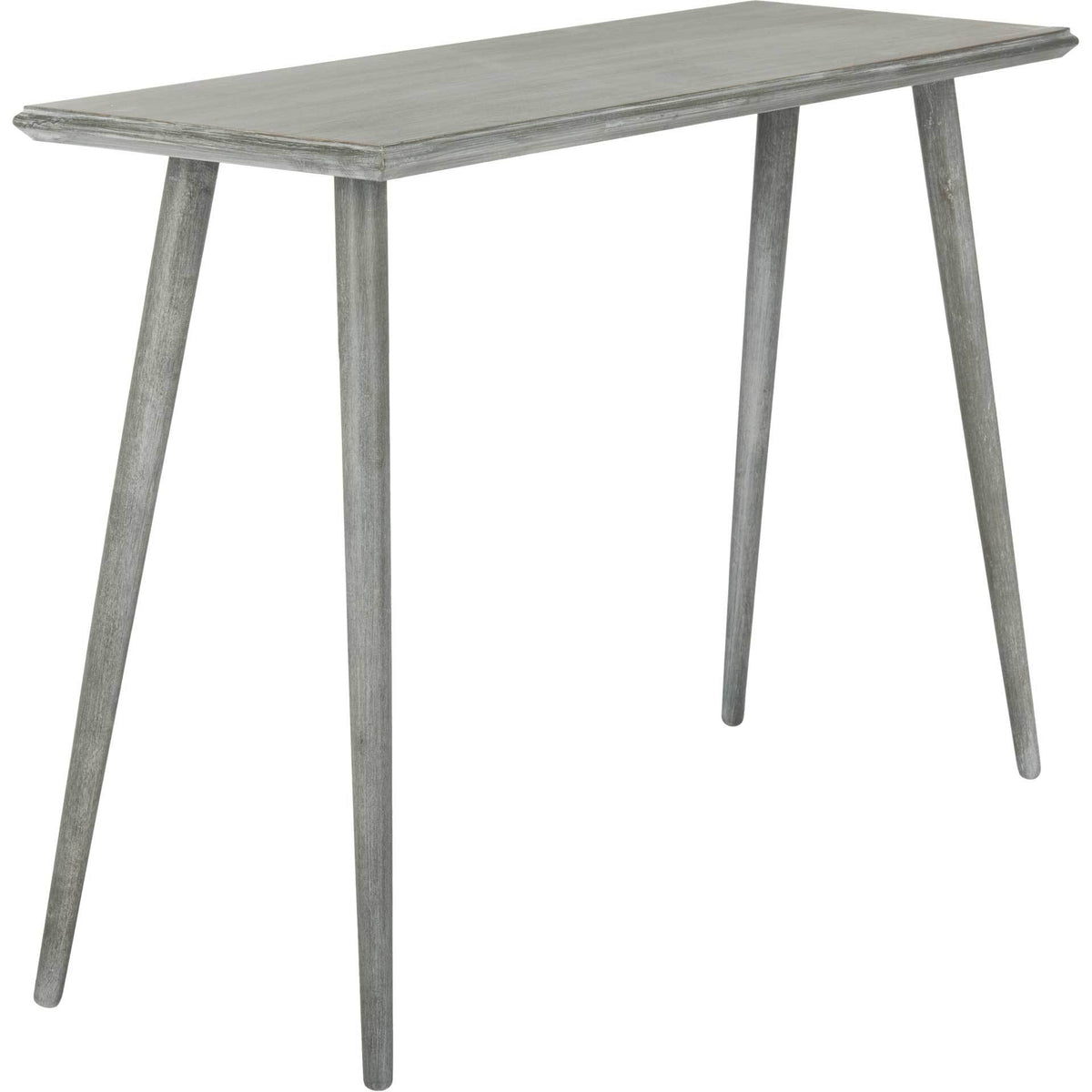 Visible wood grain adds texture to the slate gray top and tapered legs