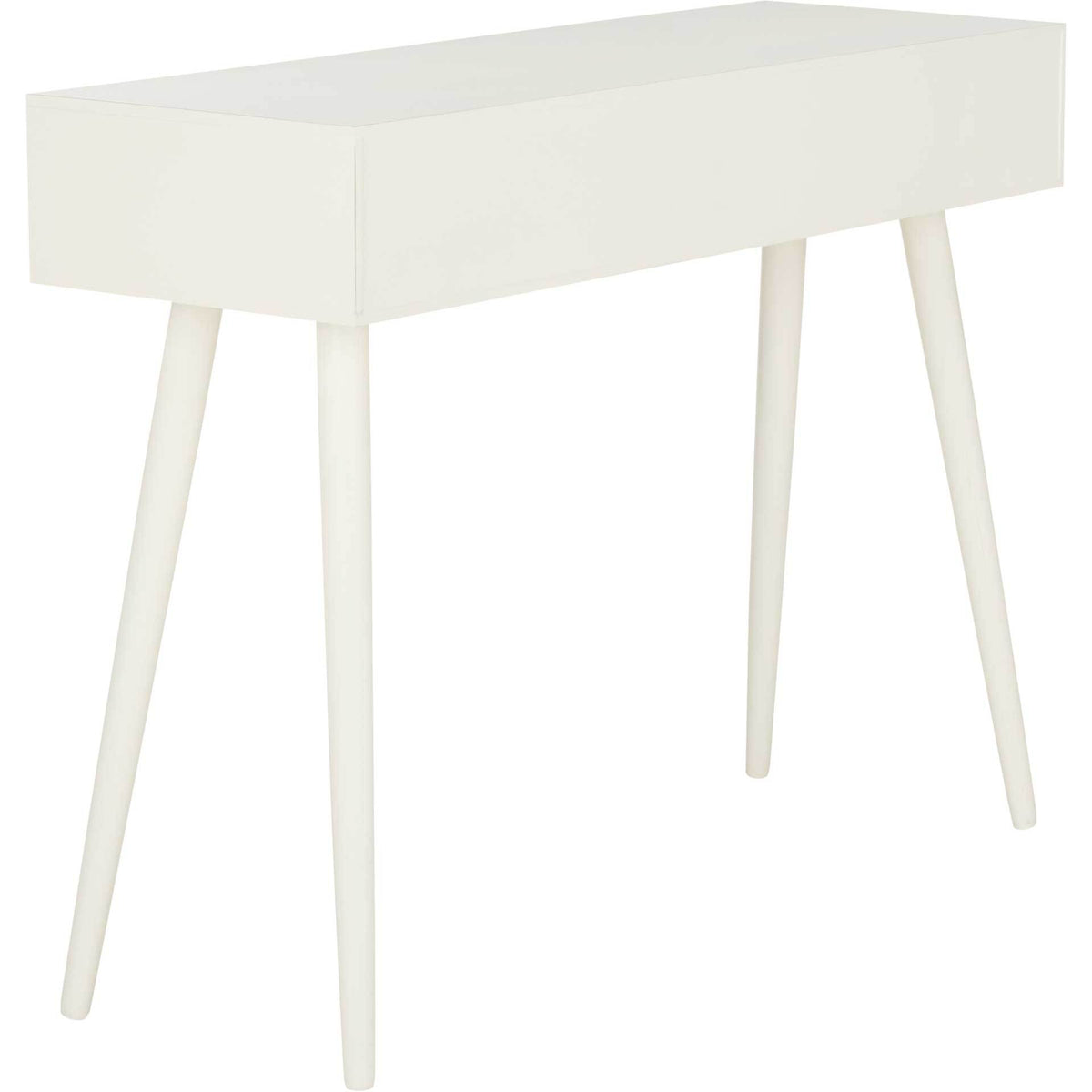 Smooth vintage white finish covers the streamlined frame and angled legs