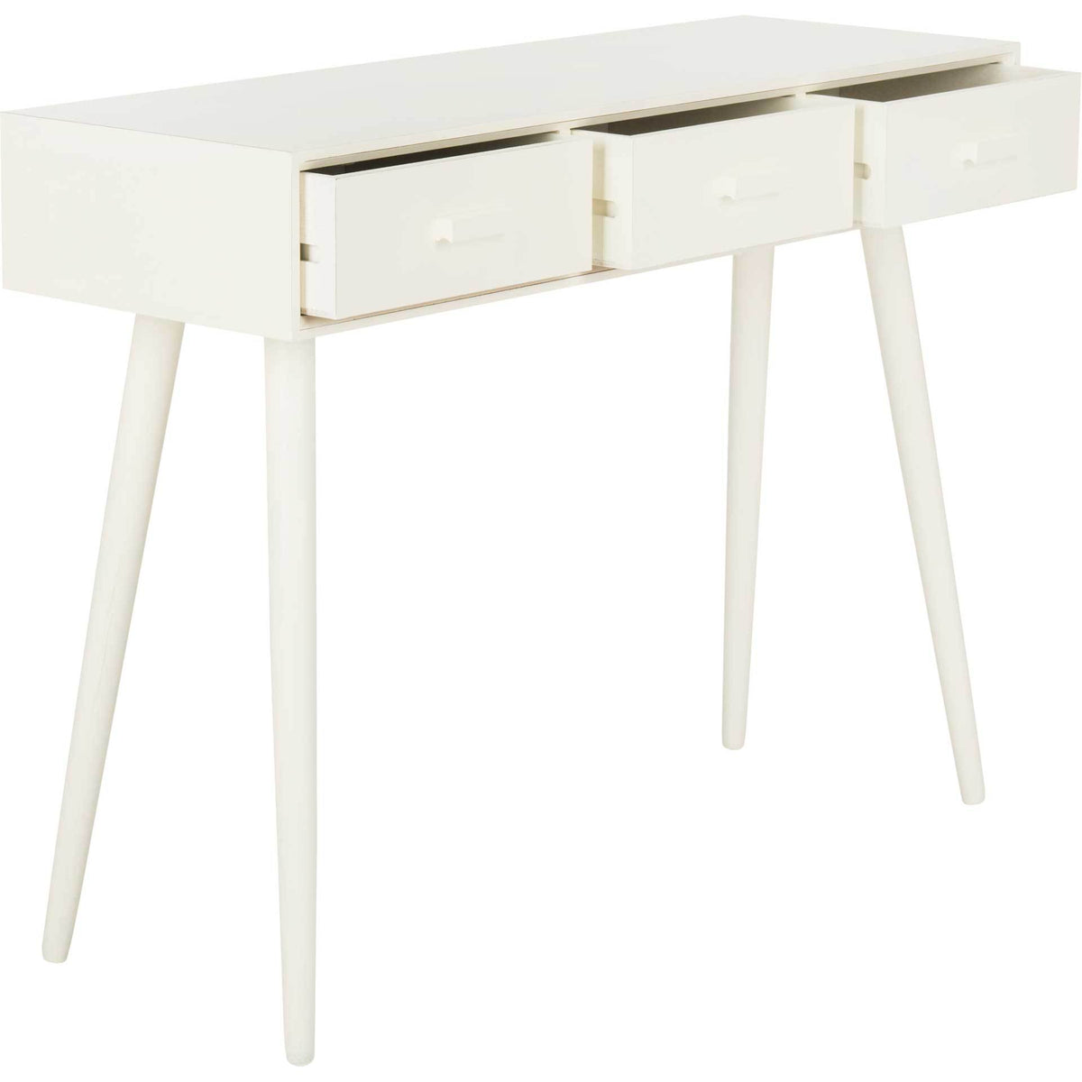 Three partially open drawers bring versatile storage to the vintage white console table
