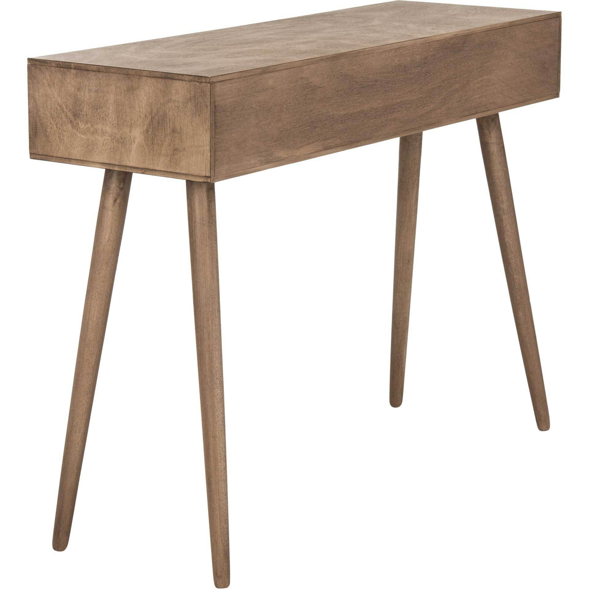 Warm wood grain wraps the sleek rectangular body above four tapered legs