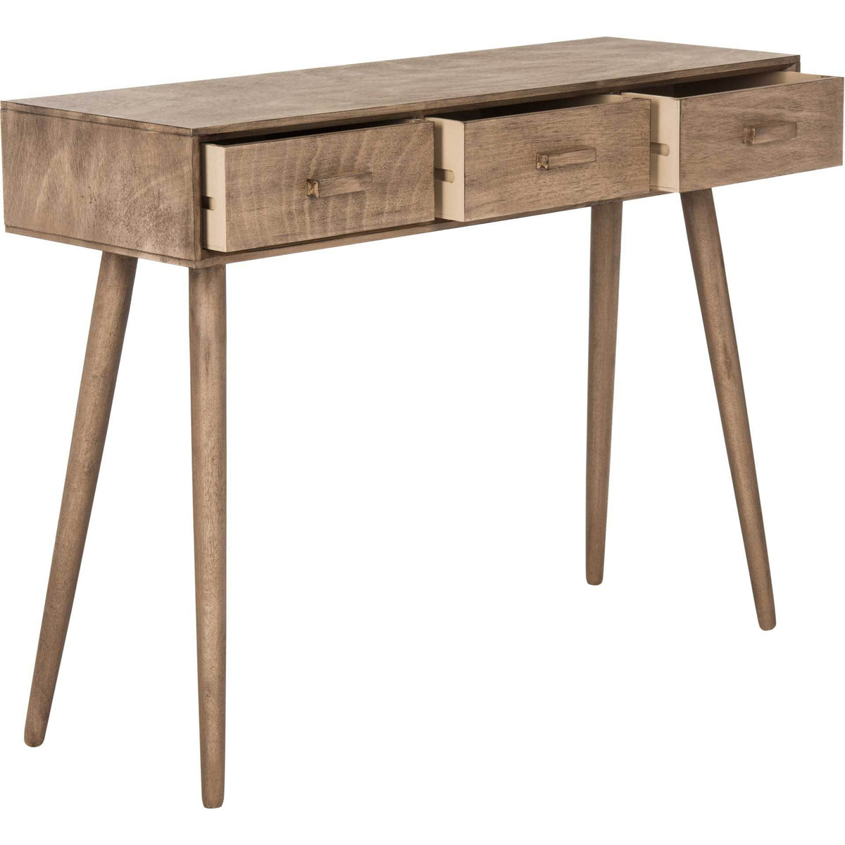 Three partially open drawers offer storage beneath the light brown tabletop