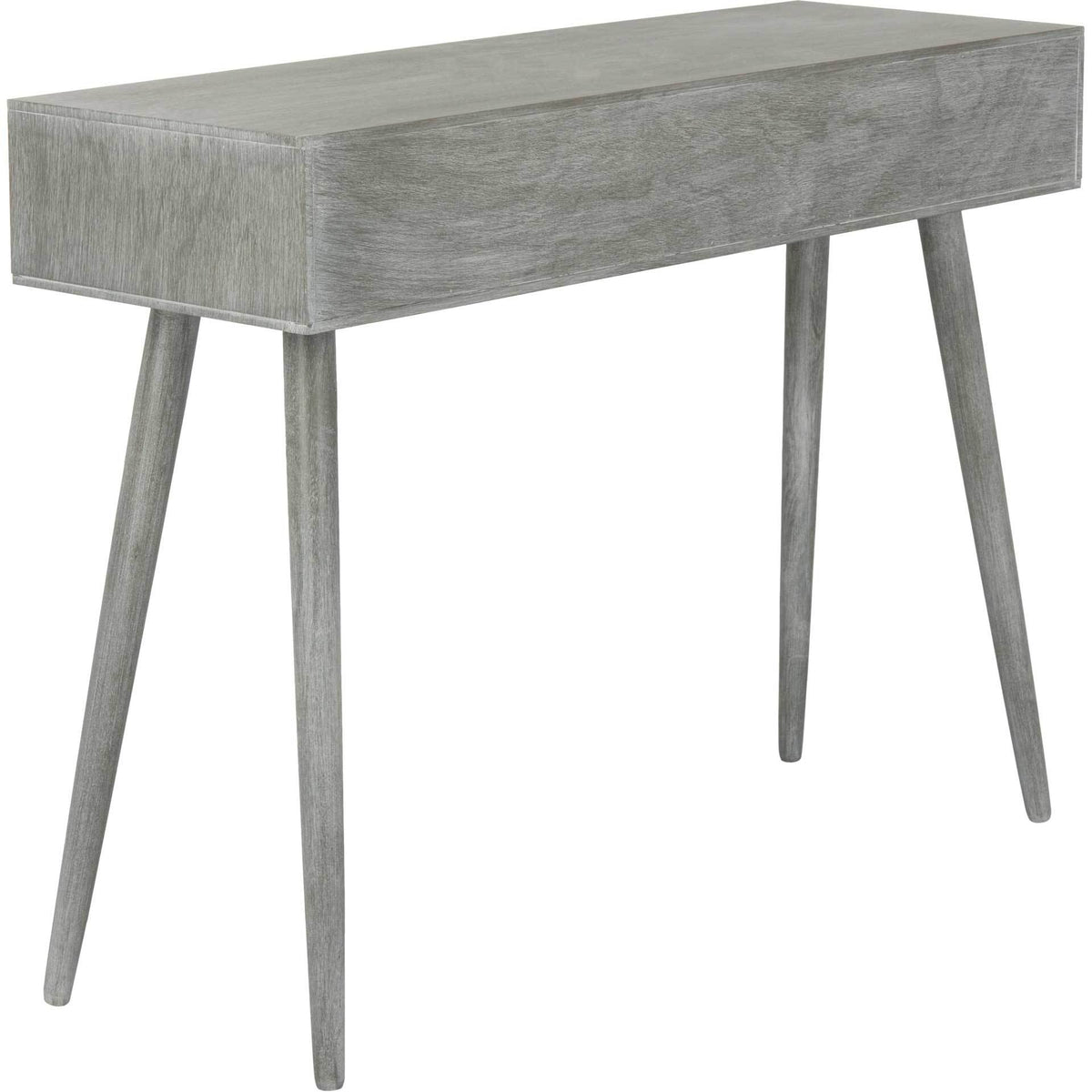 Slate gray wood grain accents the sleek back and gently angled legs