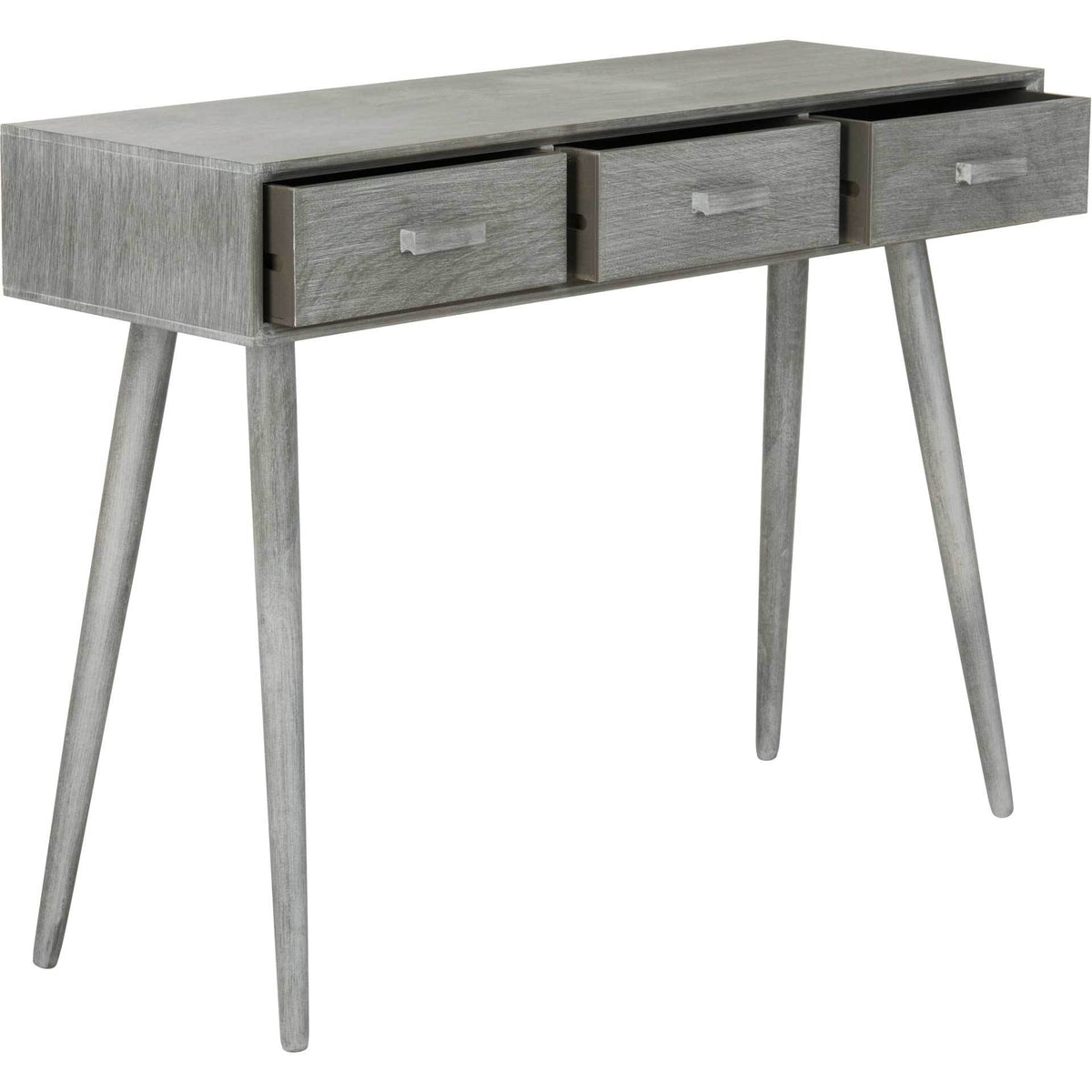 Three partially open drawers offer handy storage beneath a slate gray wood top