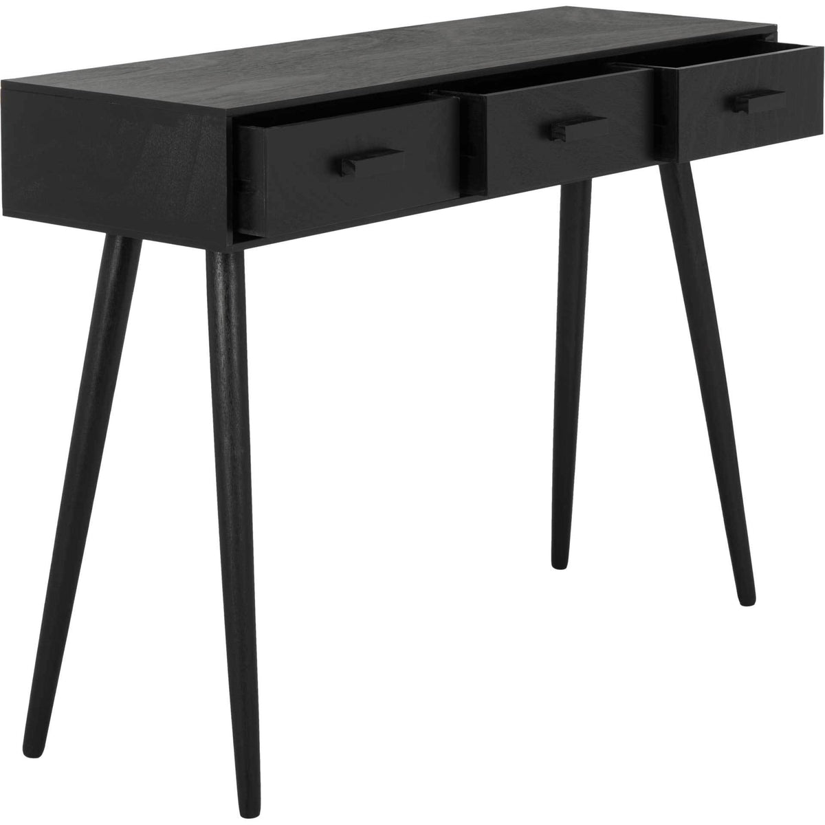 Three partially open drawers offer storage beneath a spacious black tabletop
