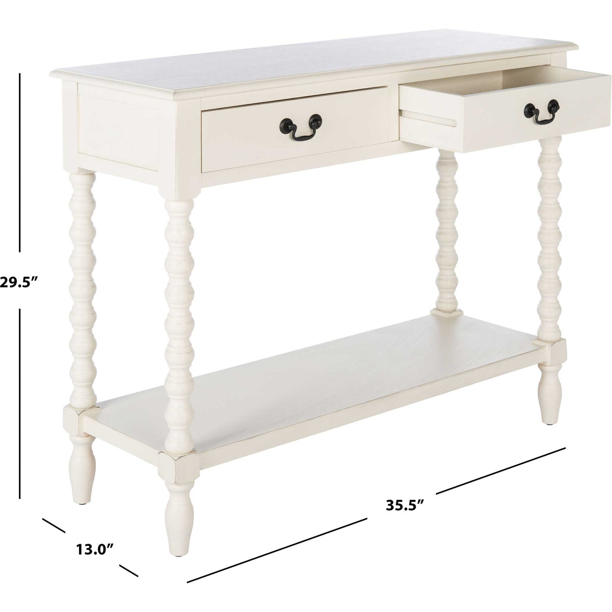 White console table measures 35.5 inches wide by 13 inches deep by 29.5 inches high.
