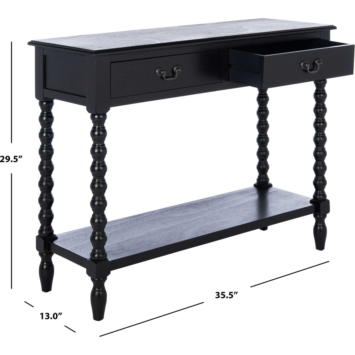 Black console spans 35.5 inches with twin drawers, an open shelf, and a slim 13-inch depth.