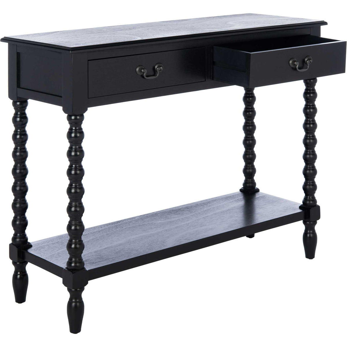 An open drawer reveals storage above the black console's spacious lower shelf.